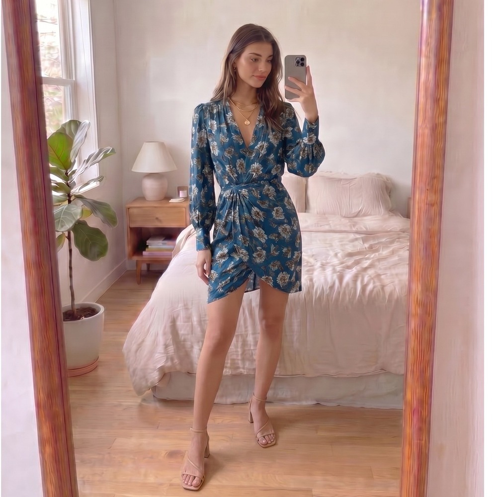 Derek Lam 10 Crosby Freya Silk Dress Size 2 Blue Floral Boho Romantic Designer